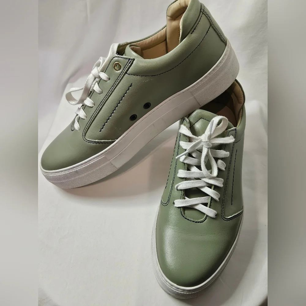 Pre-owned Want Les Essentials Women Leather Platform Sneakers Olive Green Sz 39